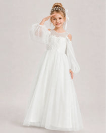 Ivory Flower Girl Dress Off Shoulder Puff Long Sleeve Lace Tulle Ball Gown  Side View