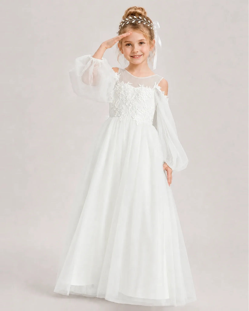 Ivory Tulle A-line Girls Formal Dress Front View
