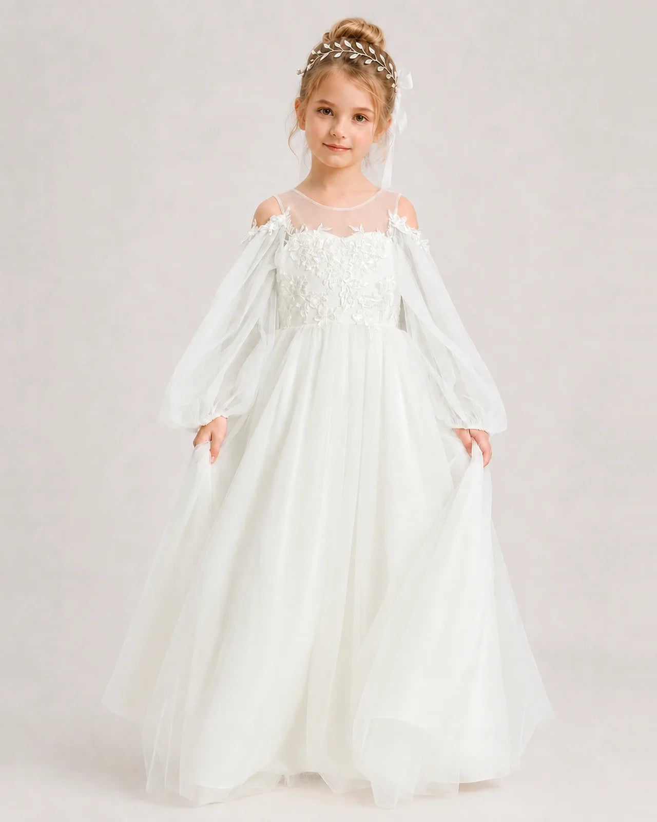 Ivory Flower Girl Dress Off Shoulder Puff Long Sleeve Lace Tulle Ball Gown Front View
