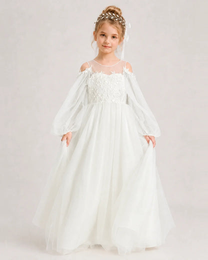 Ivory Flower Girl Dress Off Shoulder Puff Long Sleeve Lace Tulle Ball Gown Front View