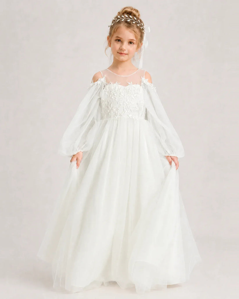 Ivory Tulle A-line Girls Formal Dress Front View