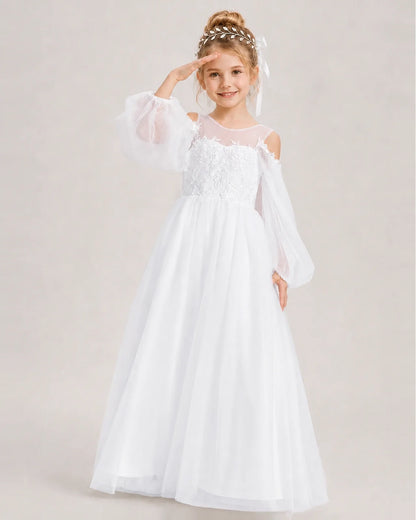 White Flower Girl Dress Off Shoulder Puff Long Sleeve Lace Tulle Ball Gown  Side View
