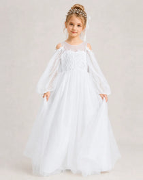 White Flower Girl Dress Off Shoulder Puff Long Sleeve Lace Tulle Ball Gown  Front View