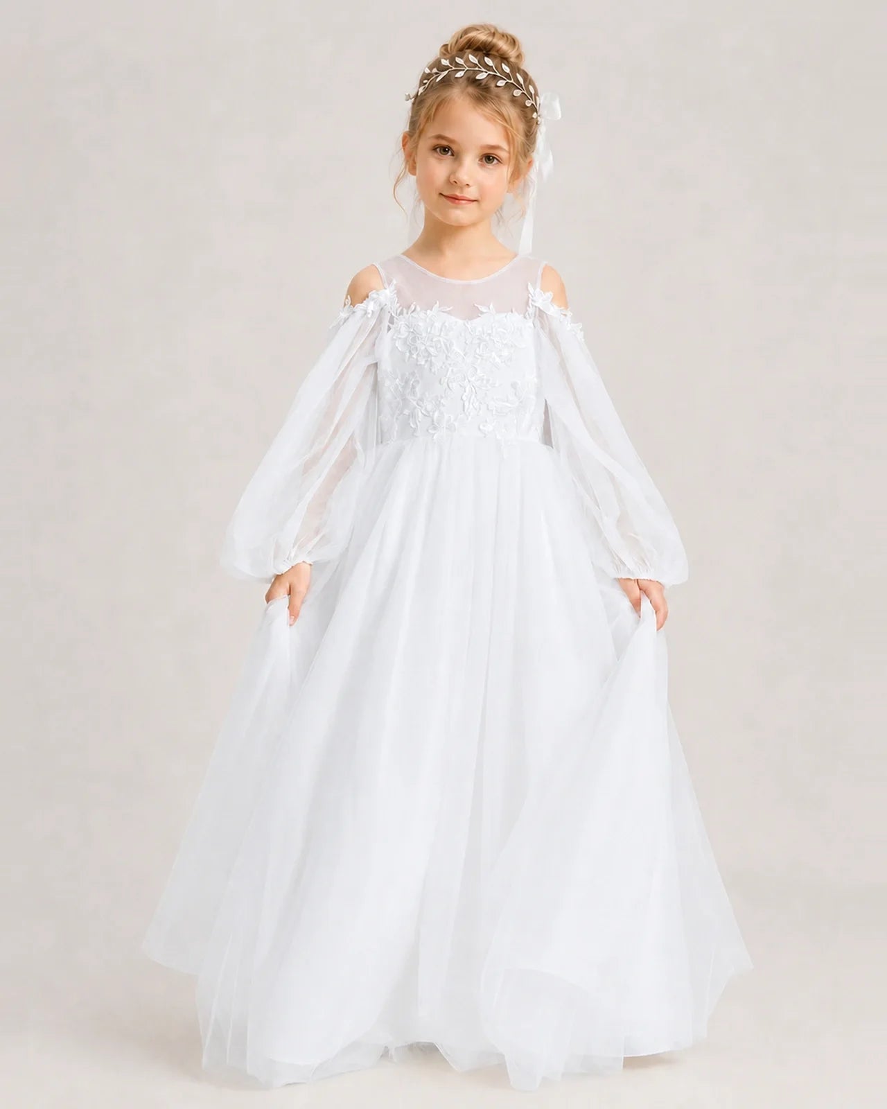 White Flower Girl Dress Off Shoulder Puff Long Sleeve Lace Tulle Ball Gown  Front View