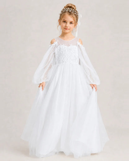 White Flower Girl Dress Off Shoulder Puff Long Sleeve Lace Tulle Ball Gown  Front View