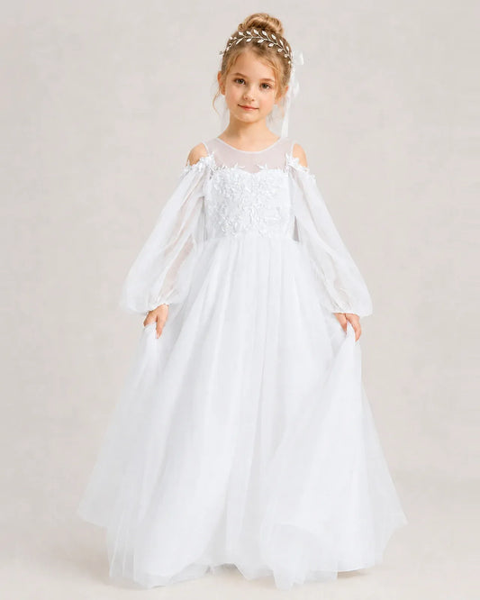 White Tulle A-line Girls Formal Dress Front View