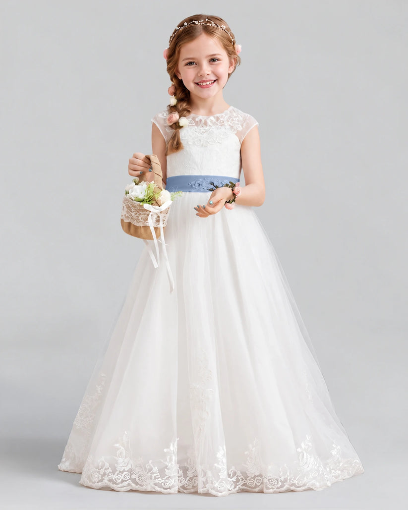 Dusty Blue Ball Gown Flower Girl Dress Front