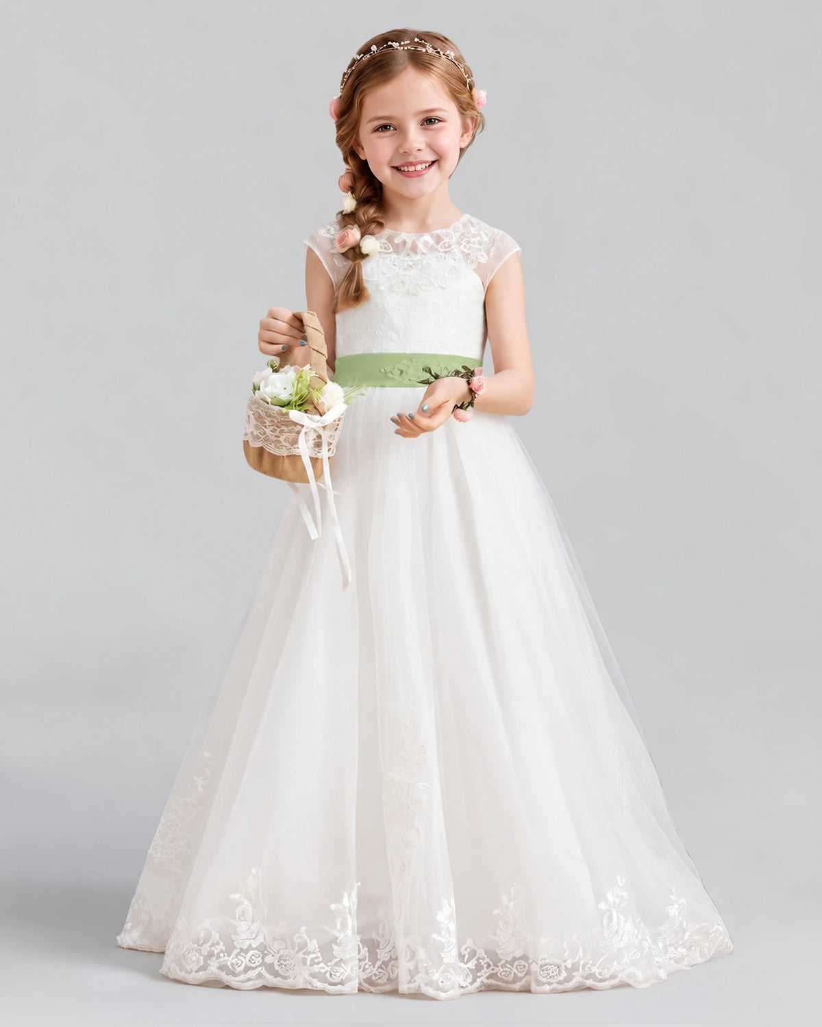 Sage Green Ball Gown Flower Girl Dress Front