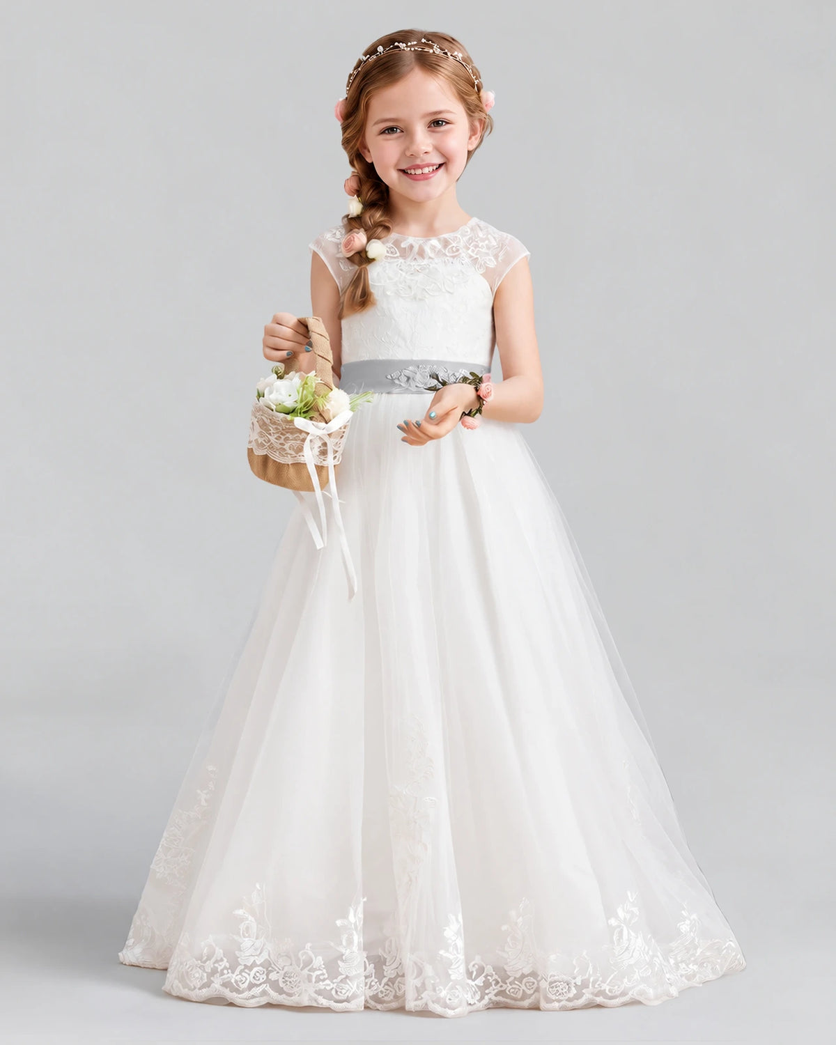 Silver Ball Gown Flower Girl Dress Front
