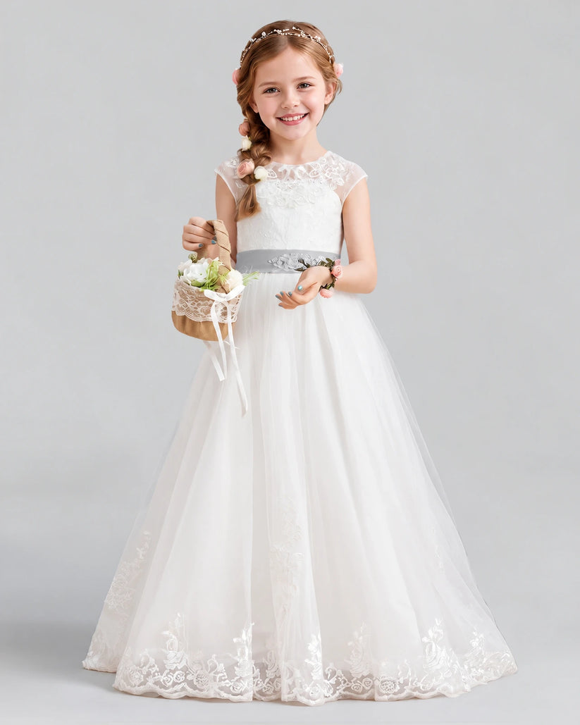 Silver Ball Gown Flower Girl Dress Front