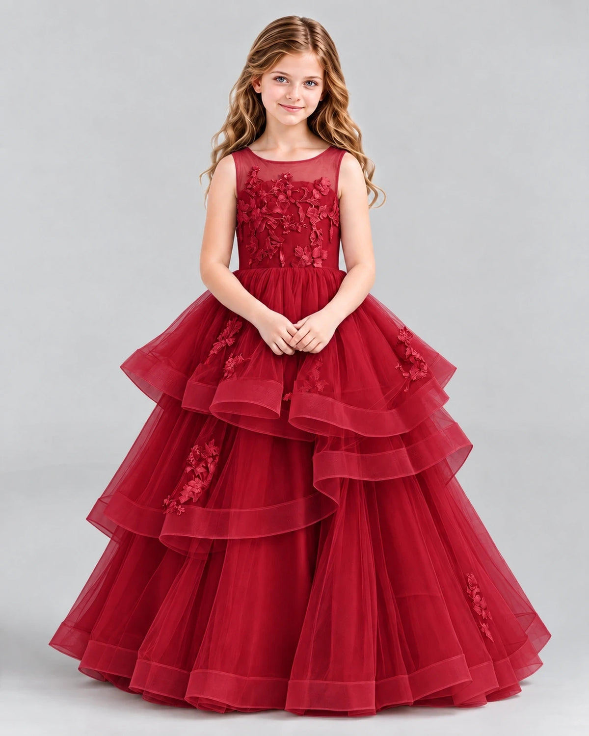 Burgundy Ball Gown Girls Pageant Dresses Front