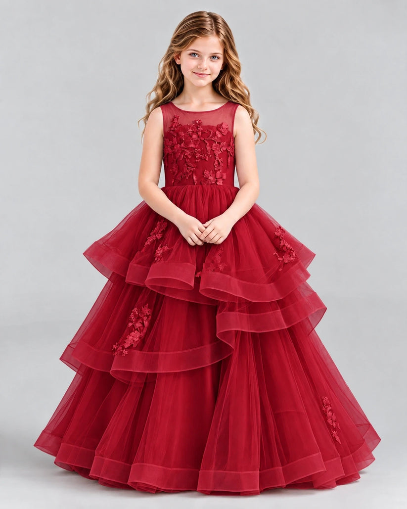 Burgundy Ball Gown Girls Pageant Dresses Front