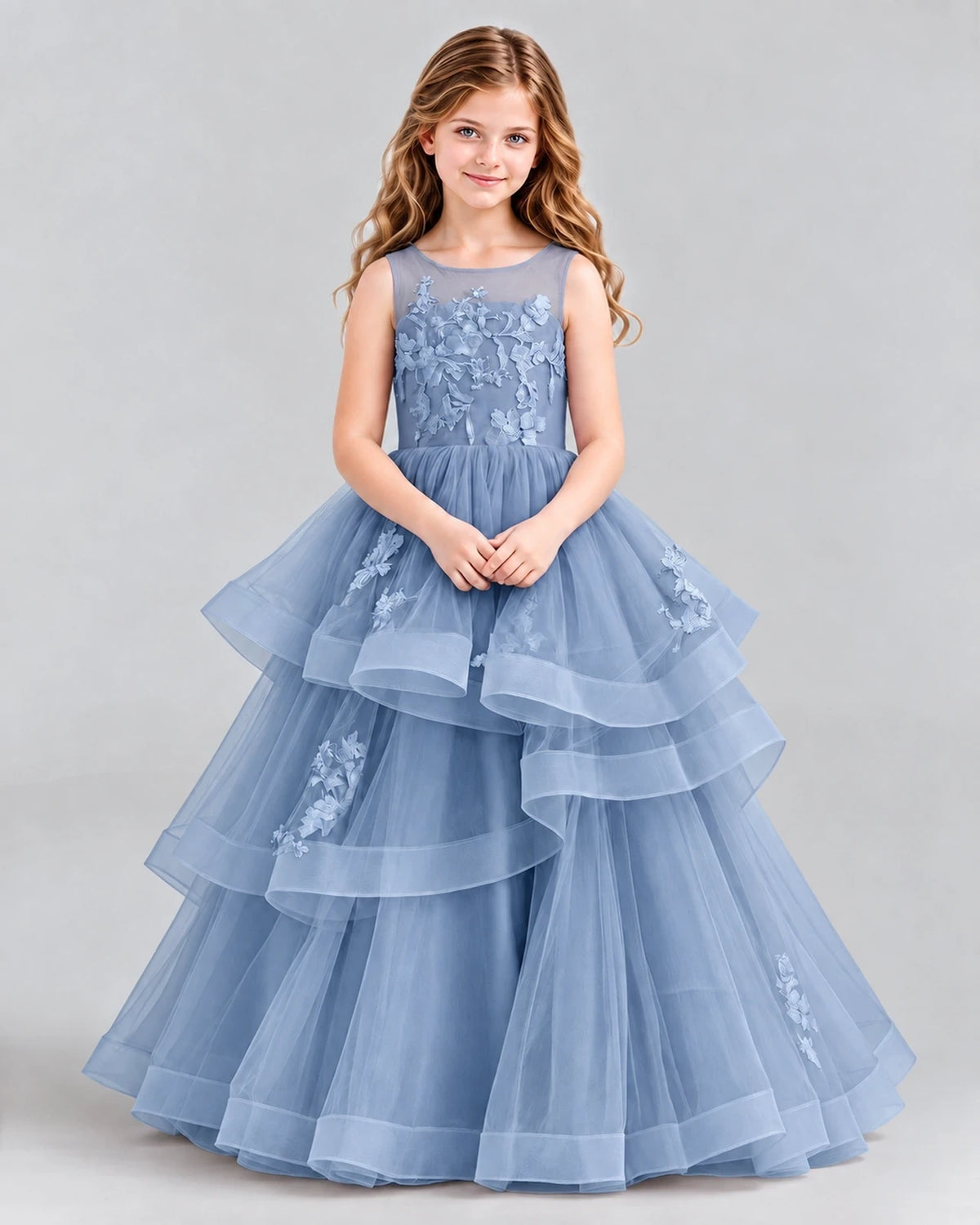Dusty Blue Ball Gown Girls Pageant Dresses Front