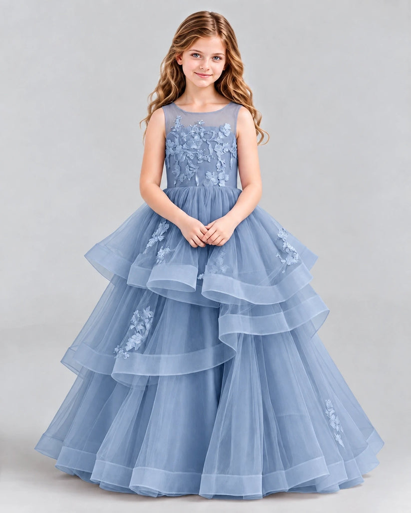 Dusty Blue Ball Gown Girls Pageant Dresses Front