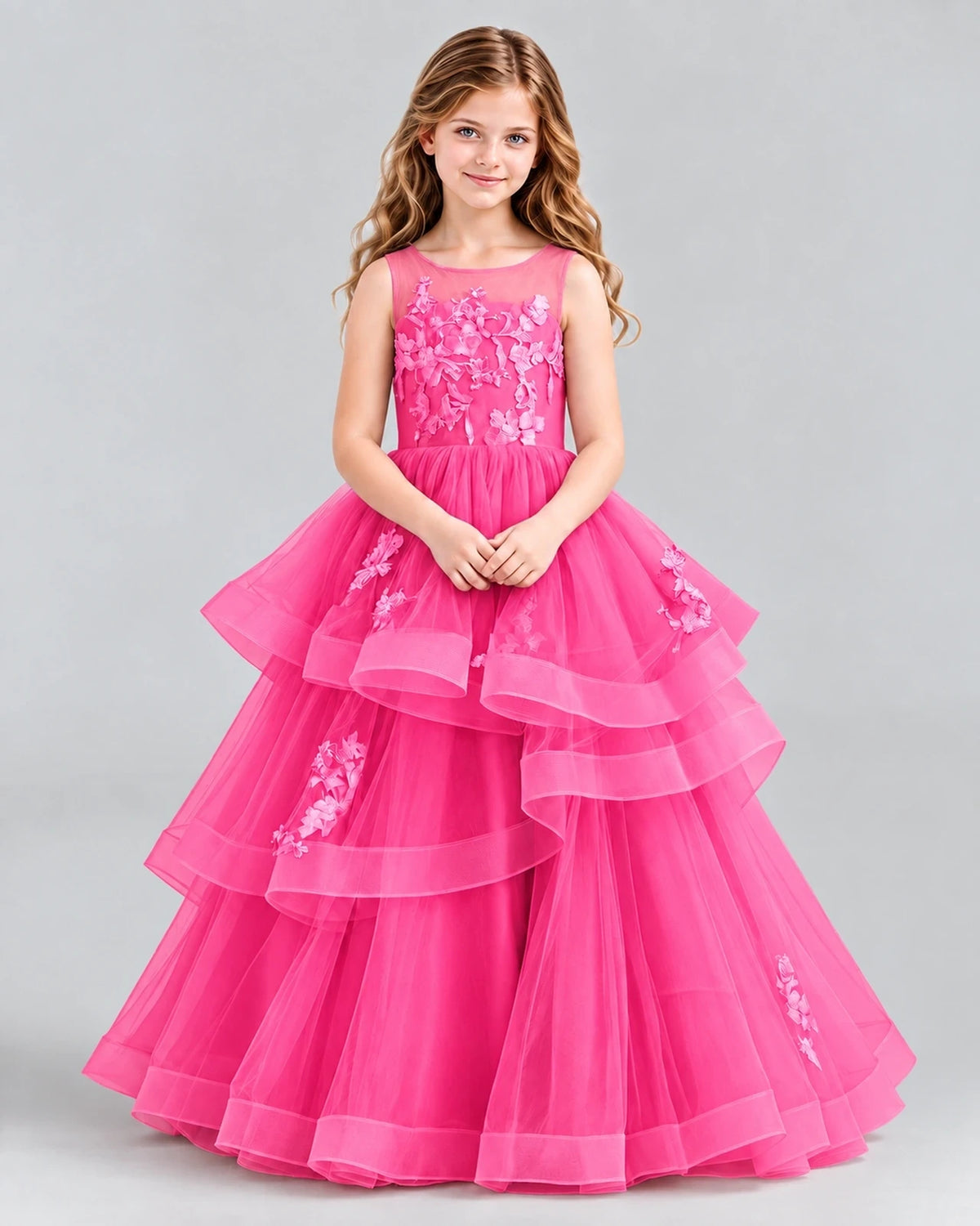 Hot Pink Ball Gown Girls Pageant Dresses Front