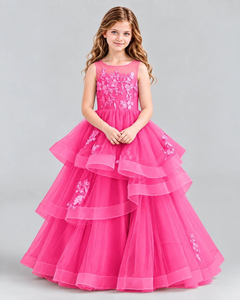 Hot Pink Ball Gown Girls Pageant Dresses Front