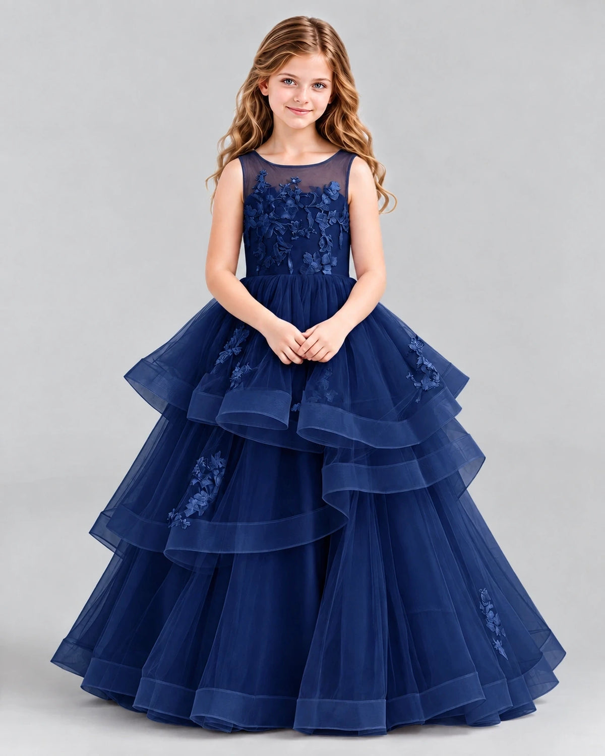Navy Blue Ball Gown Girls Pageant Dresses Front