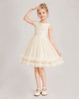 Champagne Lace A-line Flower Girl Dress Front View