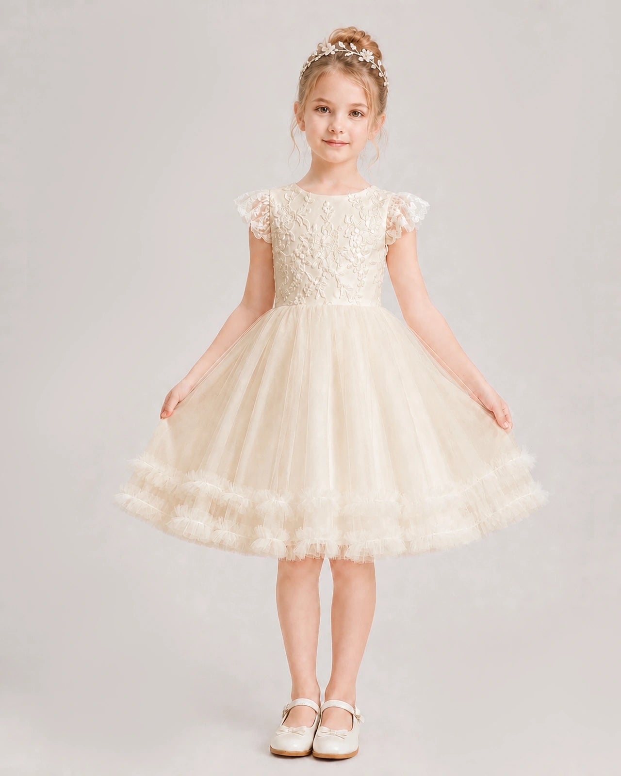 Champagne Flower Girl Dress Lace Bodice Bow Back Tulle Knee-Length Dress Front View