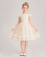 Champagne Lace A-line Flower Girl Dress Front View