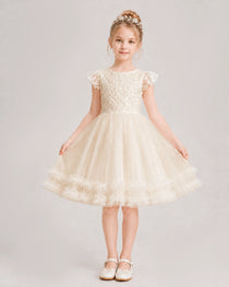 Champagne Flower Girl Dress Lace Bodice Bow Back Tulle Knee-Length Dress Front View