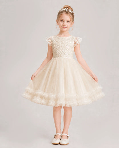 Champagne Flower Girl Dress Lace Bodice Bow Back Tulle Knee-Length Dress Front View