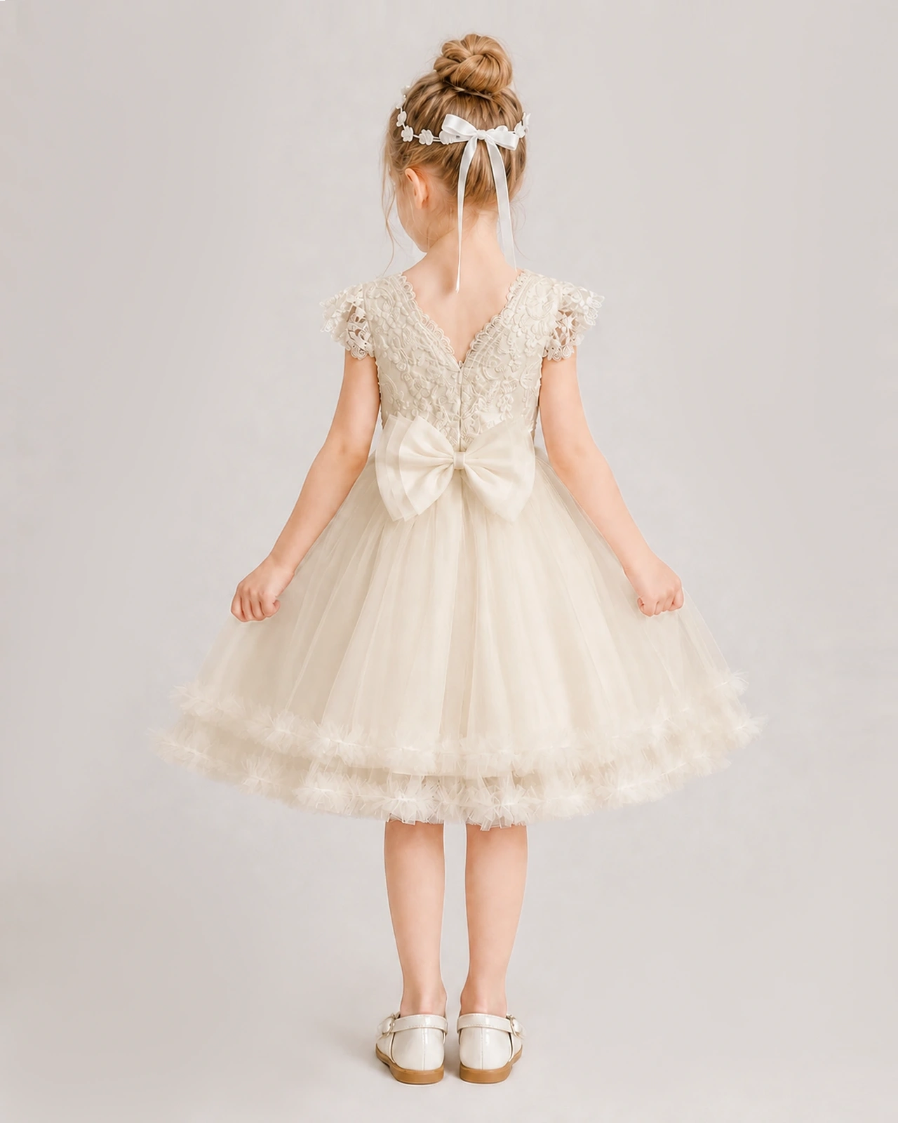 Champagne Flower Girl Dress Lace Bodice Bow Back Tulle Knee-Length Dress Back View