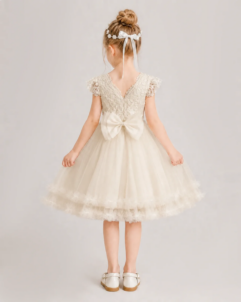 Champagne Tulle A-line Flower Girl Dress Back View