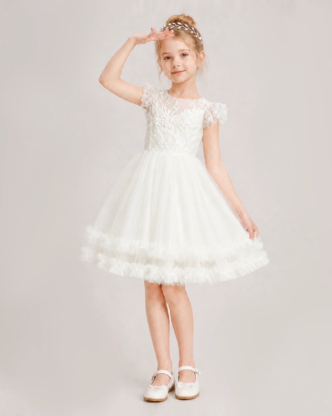  Ivory Flower Girl Dress Lace Bodice Bow Back Tulle Knee-Length Dress Front View