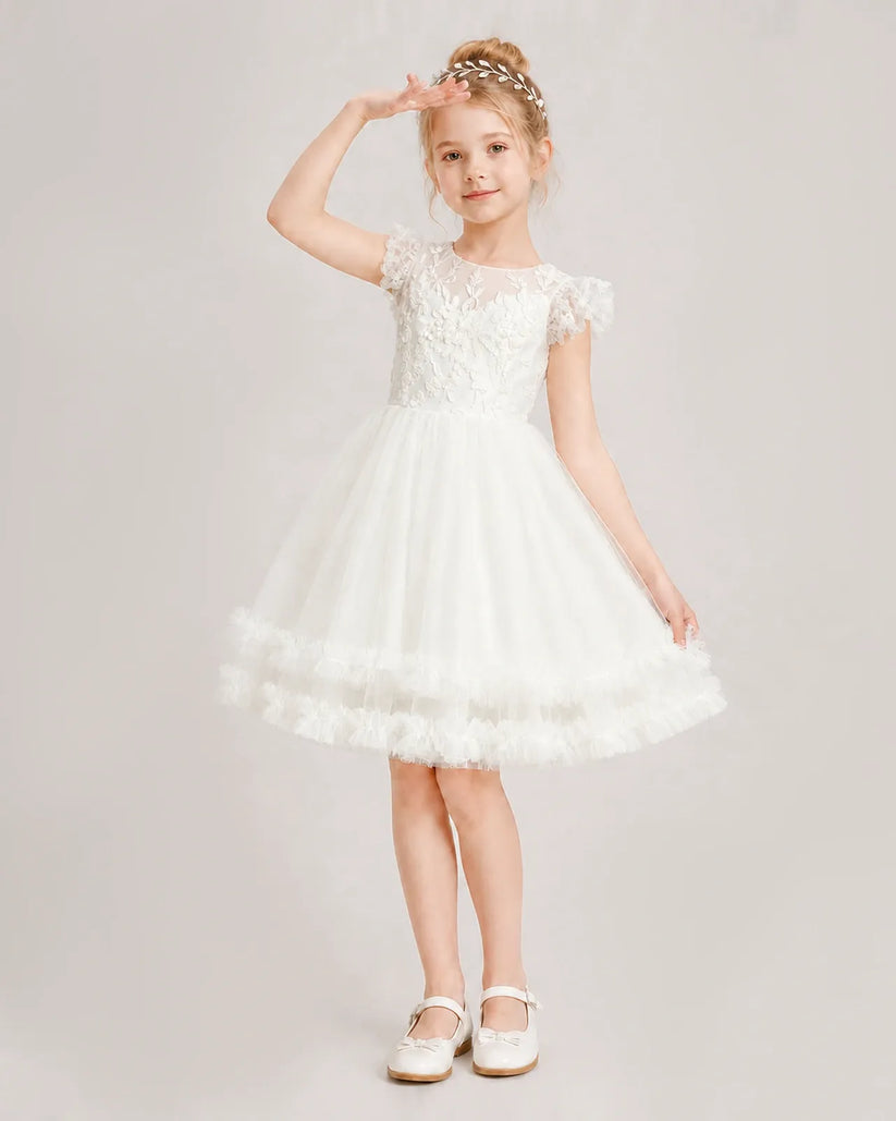 Ivory Tulle A-line Flower Girl Dress Front View