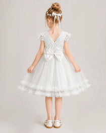  Ivory Flower Girl Dress Lace Bodice Bow Back Tulle Knee-Length Dress Back View