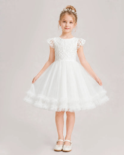  Ivory Flower Girl Dress Lace Bodice Bow Back Tulle Knee-Length Dress Front View