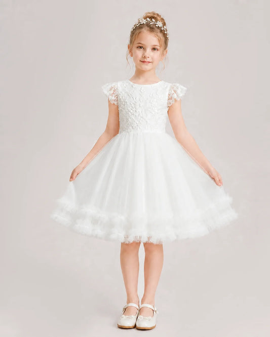 Ivory Lace A-line Flower Girl Dress Front View