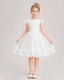  Ivory Flower Girl Dress Lace Bodice Bow Back Tulle Knee-Length Dress Front View