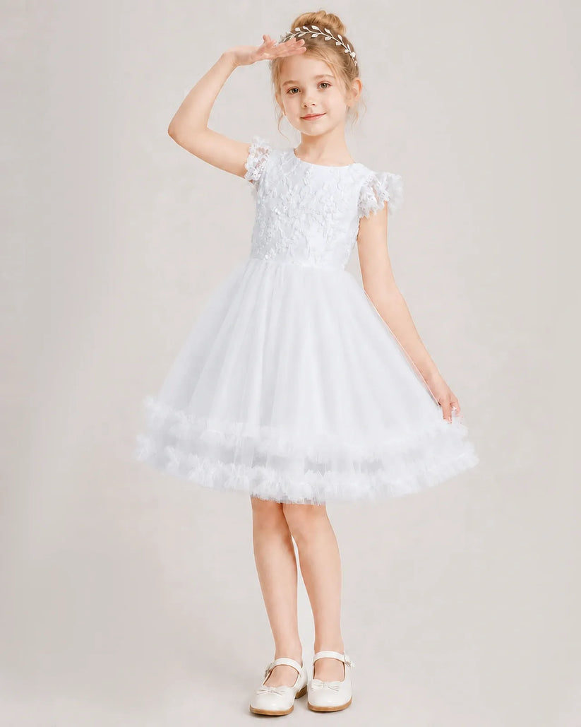 White Tulle A-line Flower Girl Dress Front View