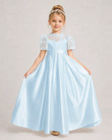 Baby Blue Satin A-line First Communion Dress Front View