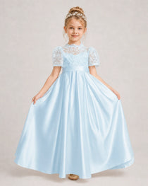 Baby Blue First Communion Dresses Lace Bodice Bow Back Satin Floor-Length Gown Front View