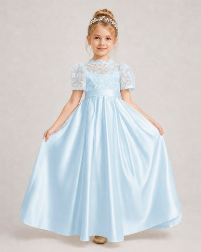 Baby Blue First Communion Dresses Lace Bodice Bow Back Satin Floor-Length Gown Front View