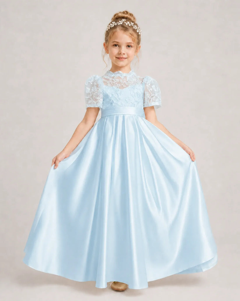 Baby Blue Satin A-line First Communion Dress Front View