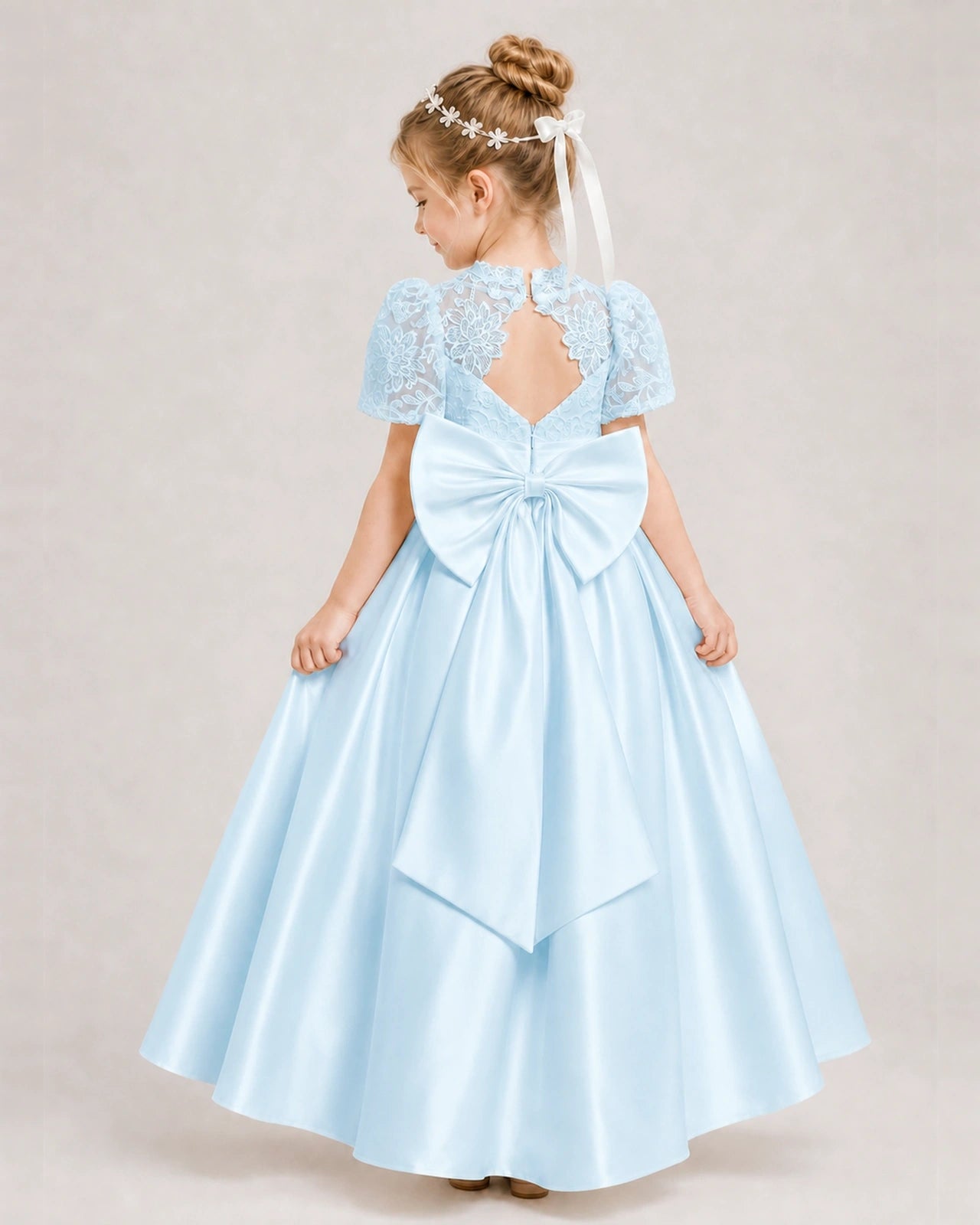Baby Blue First Communion Dresses Lace Bodice Bow Back Satin Floor-Length Gown Back View