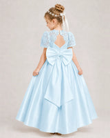 Baby Blue Satin A-line First Communion Dress Back View