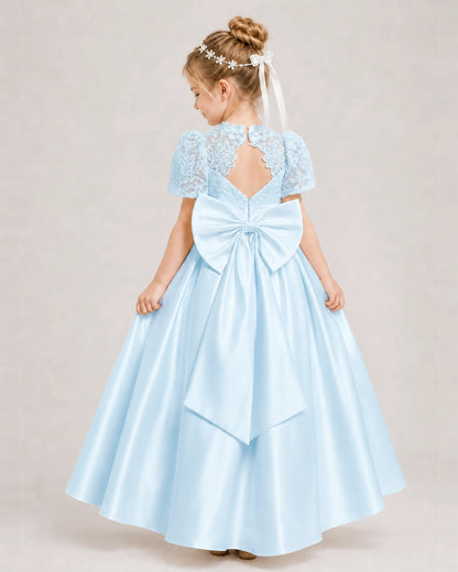 Baby Blue First Communion Dresses Lace Bodice Bow Back Satin Floor-Length Gown Back View