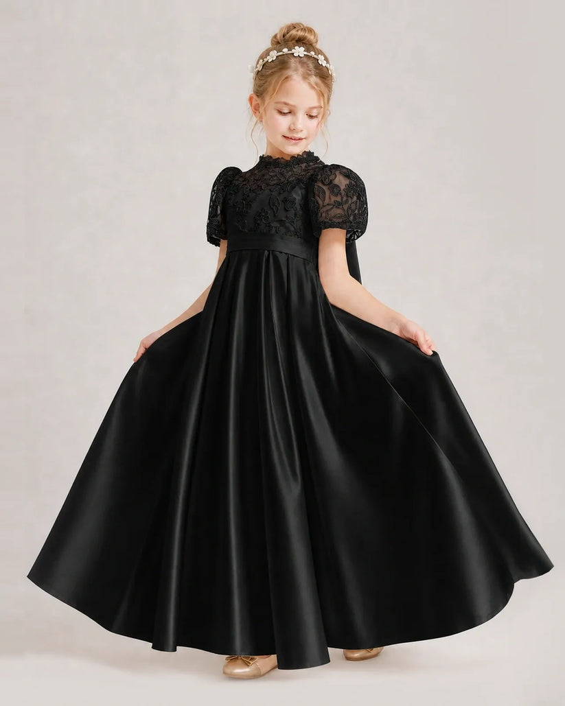 Black Satin A-line First Communion Dress Front View