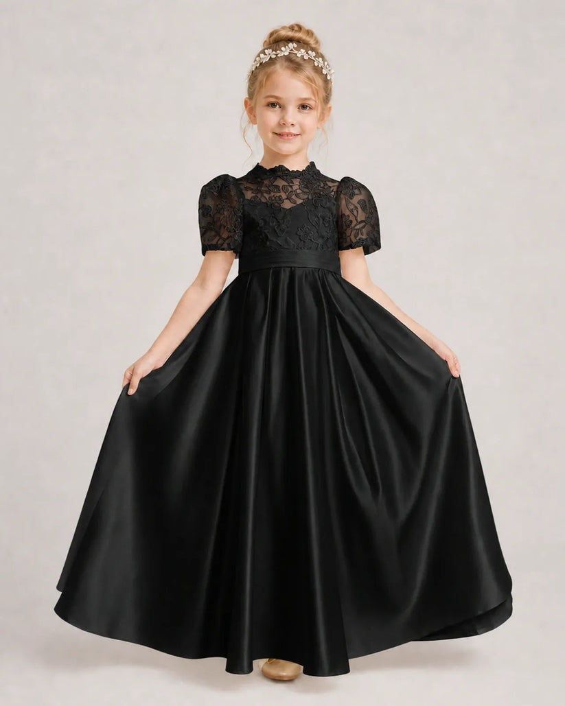 Black Satin A-line First Communion Dress Front View