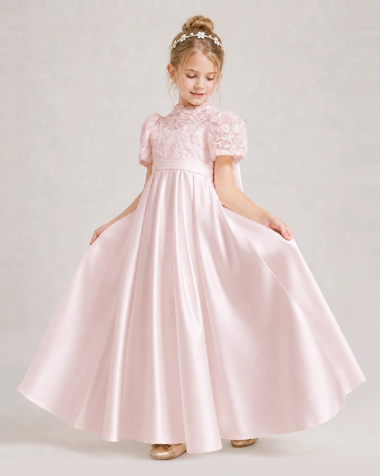 Blush Pink First Communion Dresses Lace Bodice Bow Back Satin Floor-Length Gown Front View