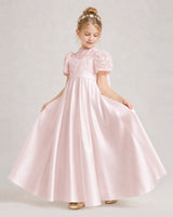 Blush Pink Satin A-line First Communion Dress Front View