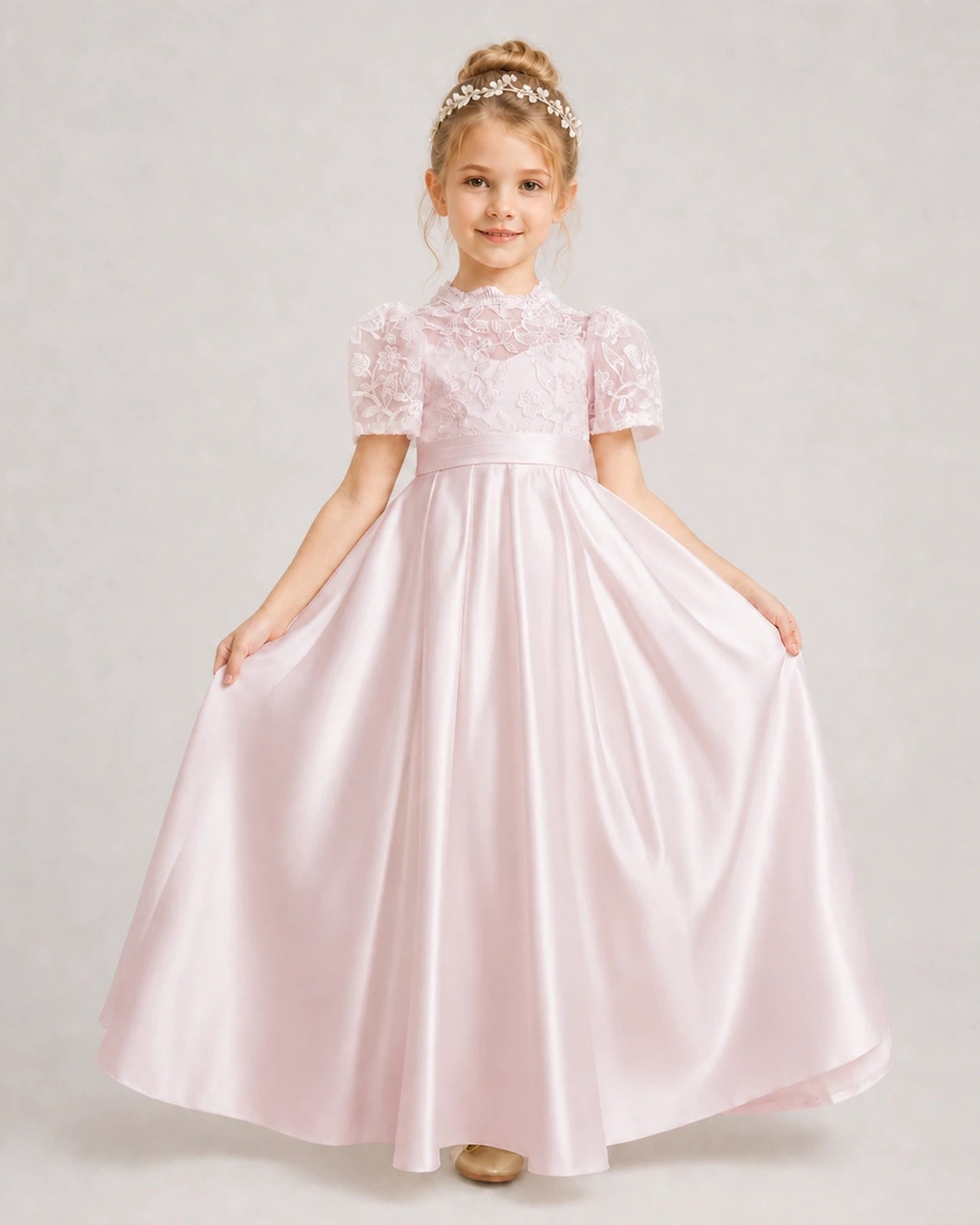 Blush Pink First Communion Dresses Lace Bodice Bow Back Satin Floor-Length Gown Front View