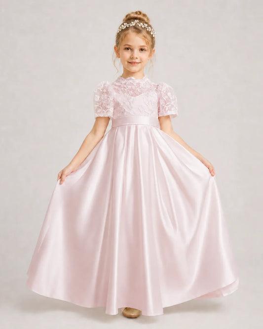 Blush Pink Satin A-line First Communion Dress Front View