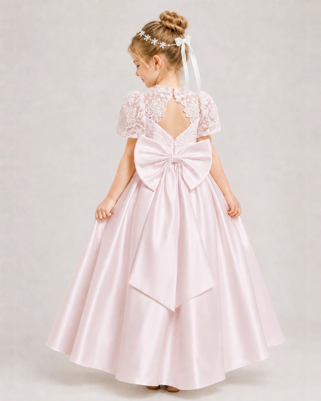 Blush Pink First Communion Dresses Lace Bodice Bow Back Satin Floor-Length Gown Back View