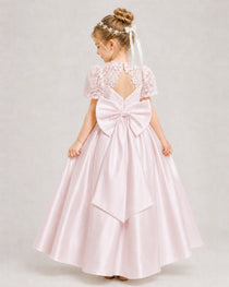 Blush Pink First Communion Dresses Lace Bodice Bow Back Satin Floor-Length Gown Back View